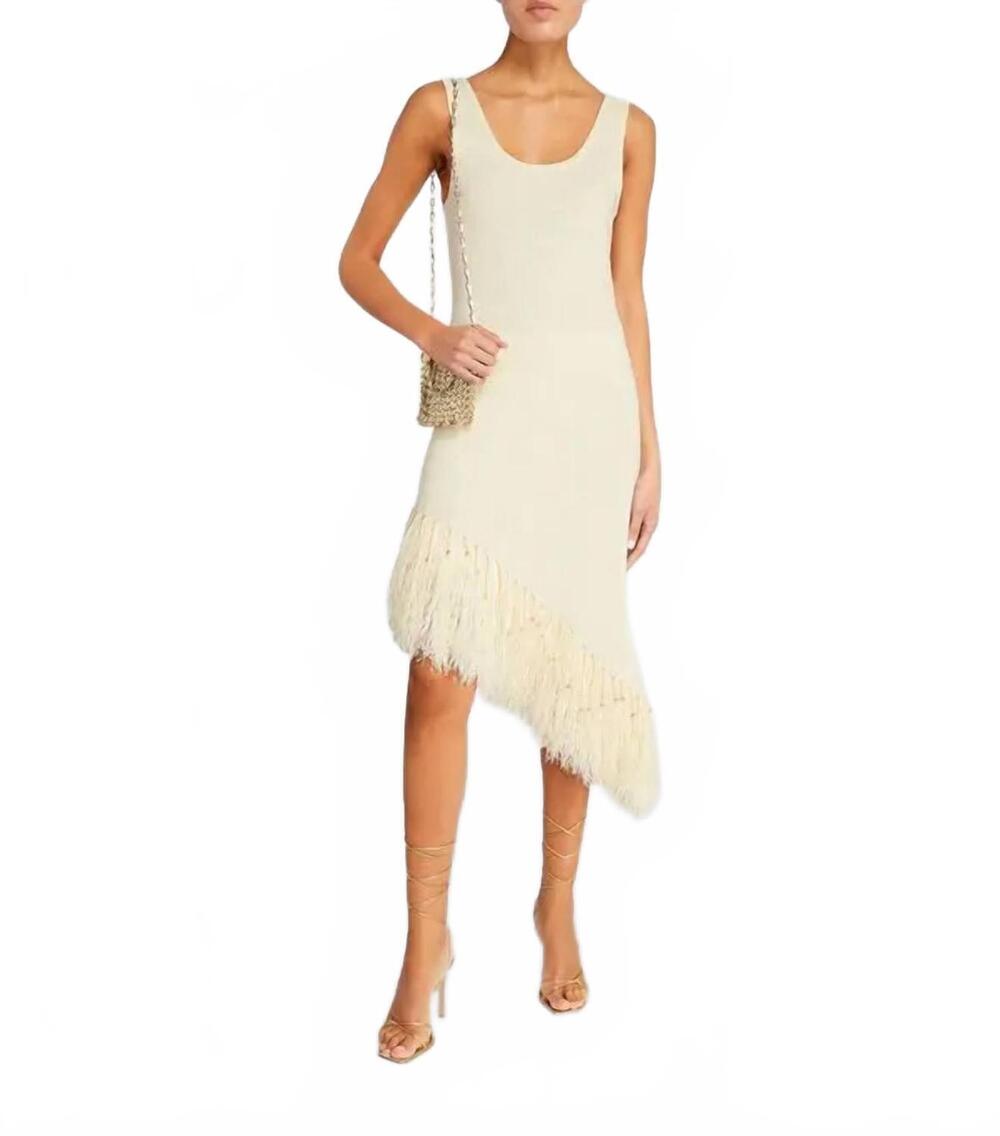 NEW RABANNE linen asymmetric fringe dress in natural  white